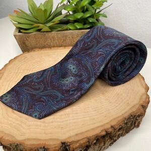 Kenneth Stevens Mens Silk Paisley Tie Purple Teal Burgundy Italian Fabric USA